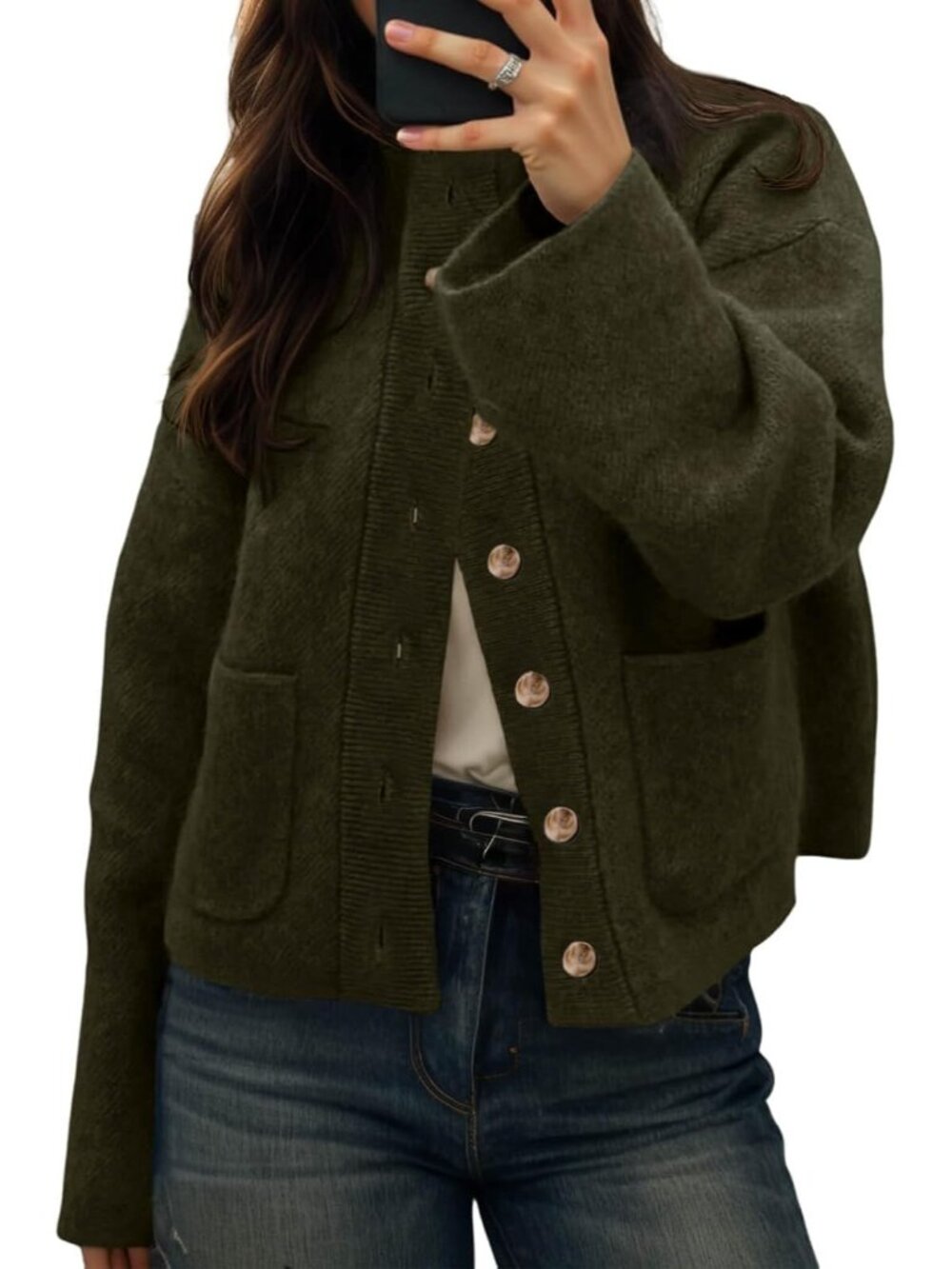 Women Army Green Mock Neck Chunky Knit Button Front Patch Pockets Cozy Jacket